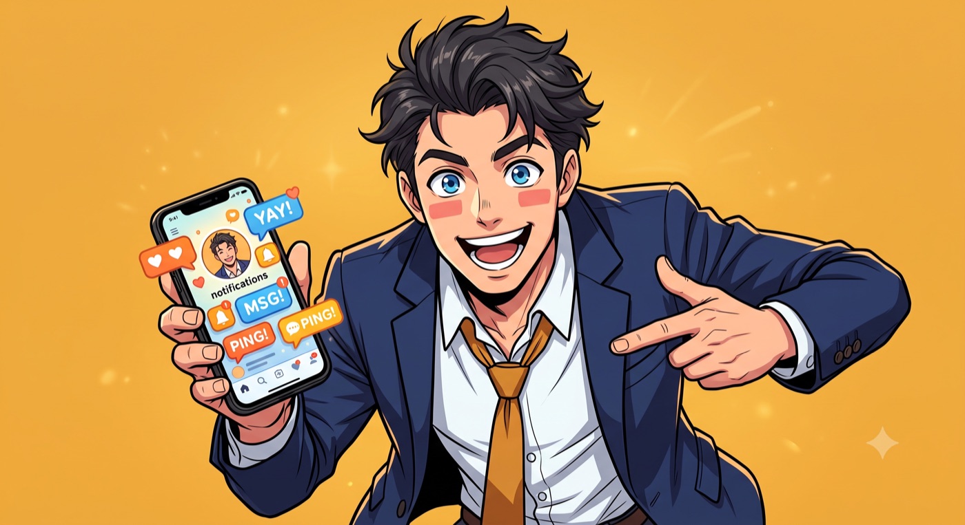 Alex, the character representing ChatGPT, confident and well-connected at the event
