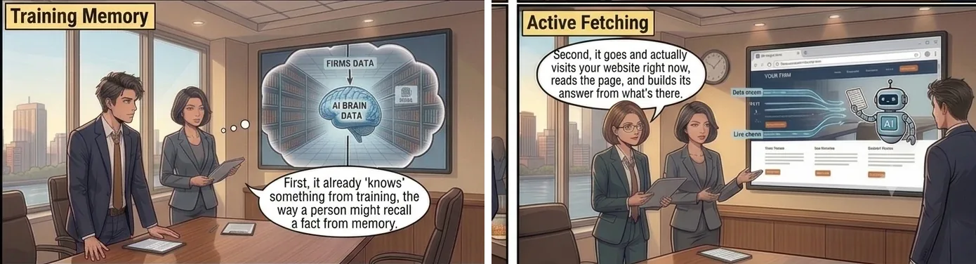 Two panels: on the left an AI assistant reads a law firm's website directly and names the firm; on the right a bot-protection wall blocks the assistant, which builds its answer from other sites instead