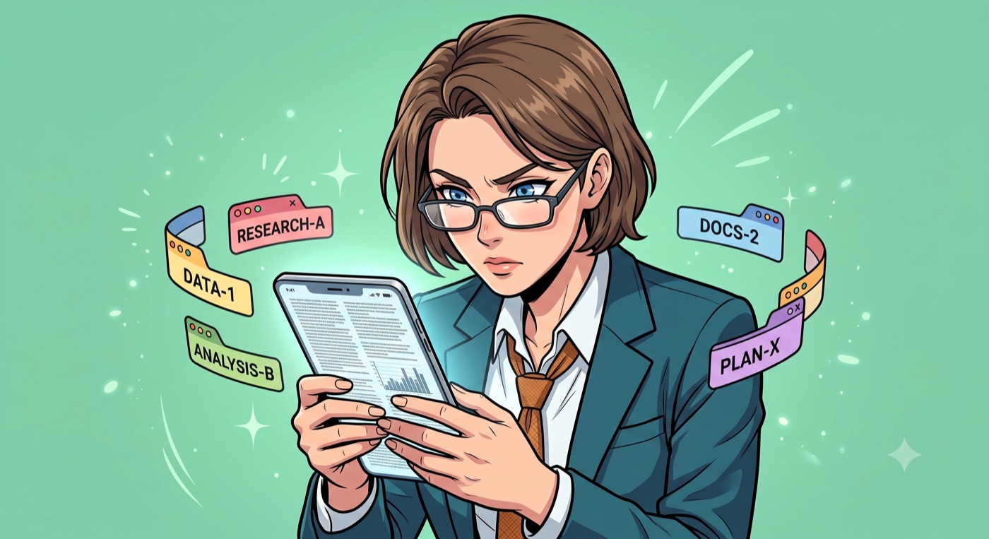 Maya, the character representing Perplexity, reading intently on her phone with many tabs open