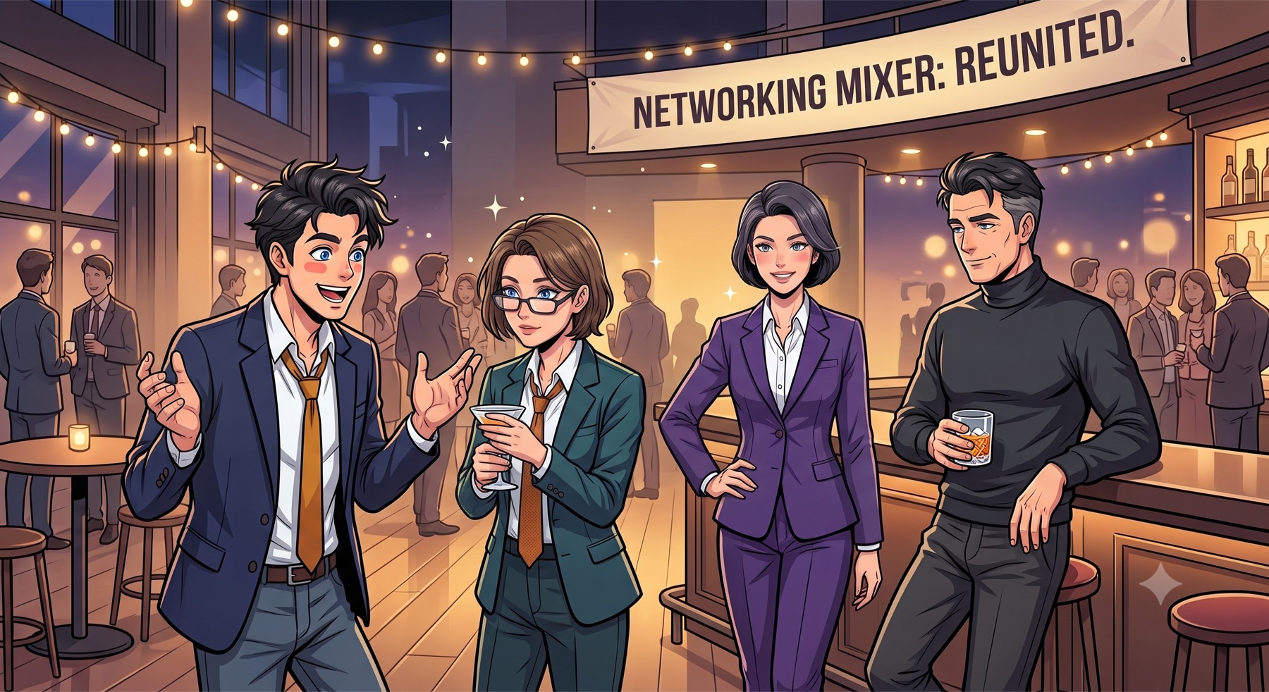 Four characters at a networking event, each representing an AI research assistant